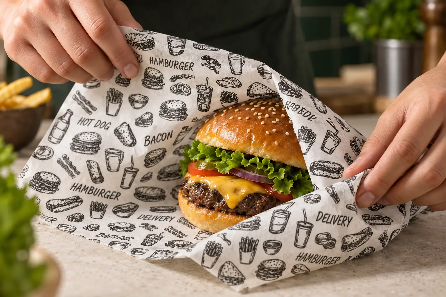 Papel estampado envolvendo hambúrguer
