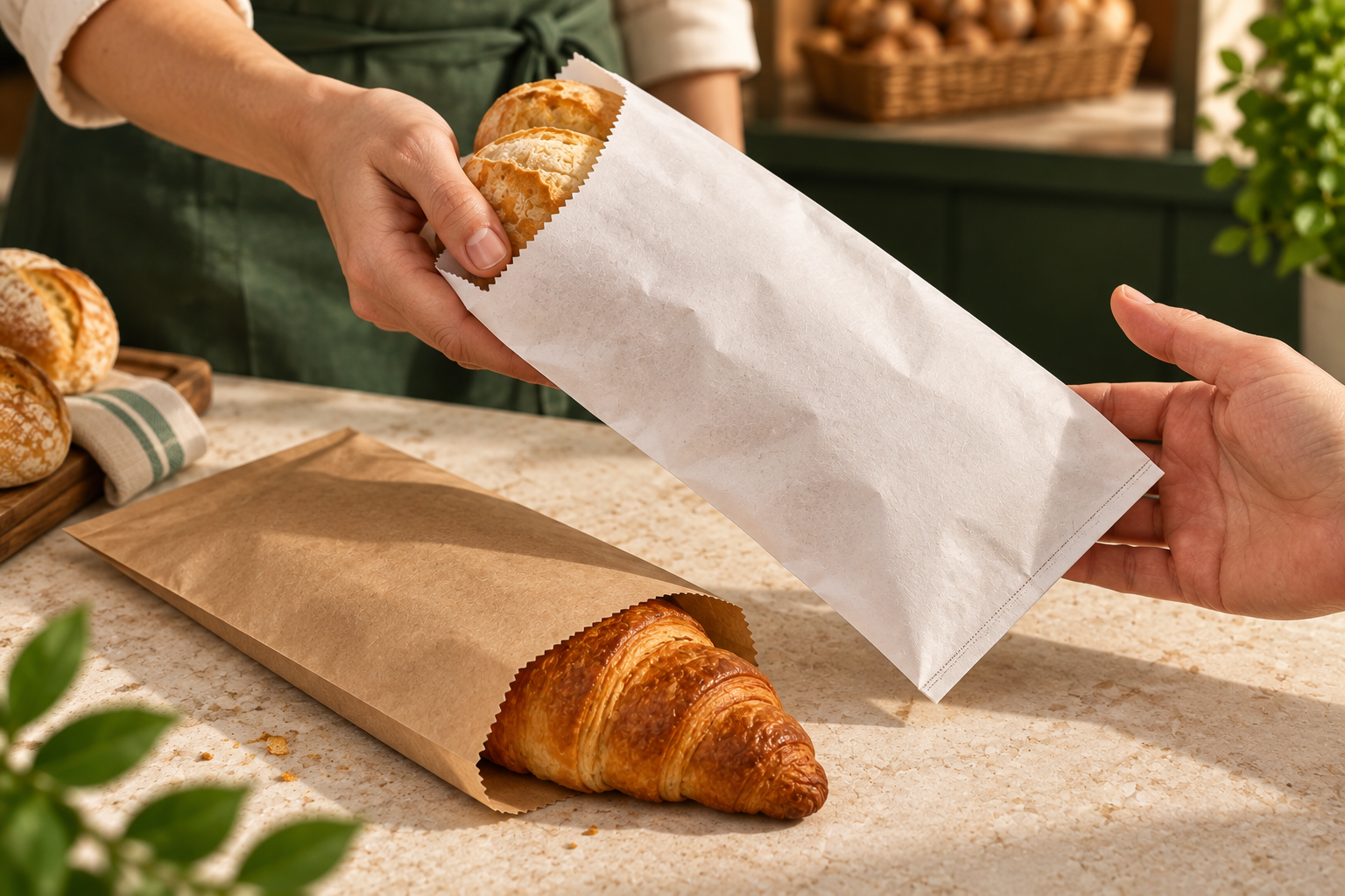 Pães em saco de papel branco
