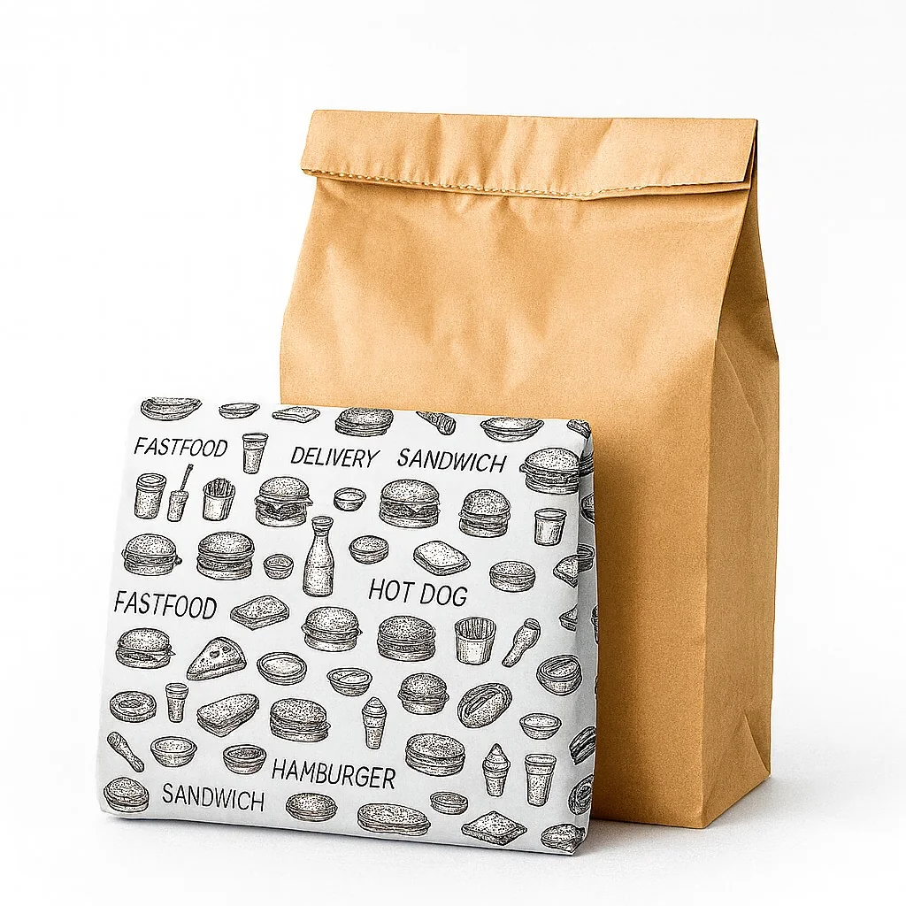 Papel estampado para lanches ao lado de saco kraft